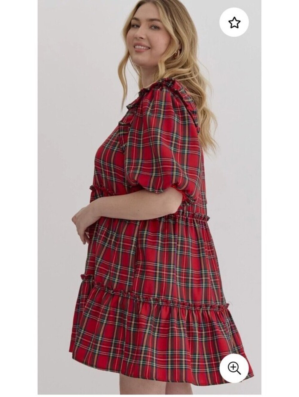 NWT Entro Judy Puff Sleeve Red Plaid Ruffle Tiered Mini Dress Size 1X Retail $78 - Picture 2 of 9